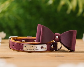 Custom Dog Collar Bow Tie, Leather Collar with Bow Tie, Wedding Dog Collar, Dog Accessories, Gift for Dog Lovers, Personalized Dog Bow Tie