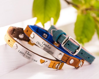 Cat Collar Leather Soft with Engraved Tag, Leather Cat Collar with Nameplate, Kitten Collar, Custom Cat Collars, Boy Cat Collar Girl