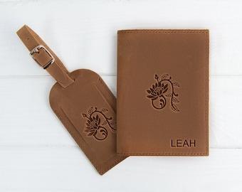 Passport Holder and Luggage Tag Set, Custom Passport Luggage, Leather Passport Wallet for Men and Women, Personalized Luggage Tag