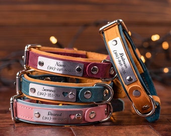 Leren halsband, gepersonaliseerde halsband, aangepaste halsband met naamplaatje, gegraveerde halsband