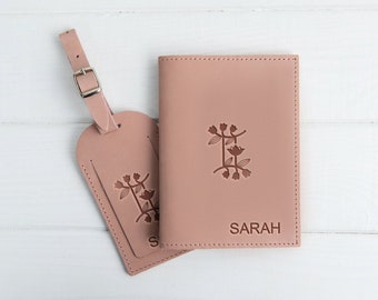 Custom Passport Holder and Luggage Tag, Leather Passport Cover Set, Travel Gift for Her, Gift for Couple, Honeymoon Gifts