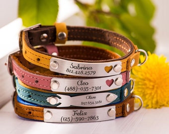 Leather Cat Collar with Name, Personalized Cat Collars, Custom Cat Collar with Silent Tag, Small Dog Collars