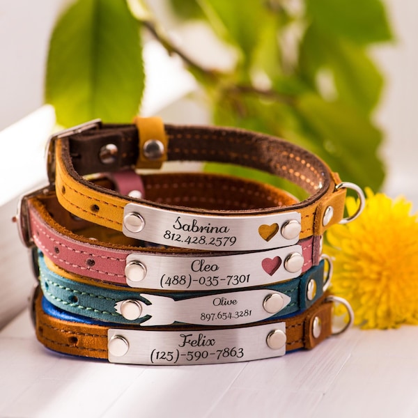 Leather Cat Collar with Name, Personalized Cat Collars, Custom Cat Collar with Silent Tag, Small Dog Collars