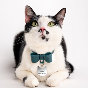 Bow Leather Cat Collar with Сat Shaped Tag, Custom Cat Collar Bow for Birthday Gift, Cat Lovers Gift for Women, Cat Bow Tie for Wedding Gift
