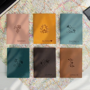 Passeport en cuir personnalisé, fleurs du mois de naissance, signes de l'horoscope, housse de passeport en cuir, porte-passeport en cuir de voyage