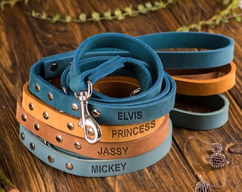 Dog Leash, Leather Dog Leash, Personalized Dog Leash with Name Plate