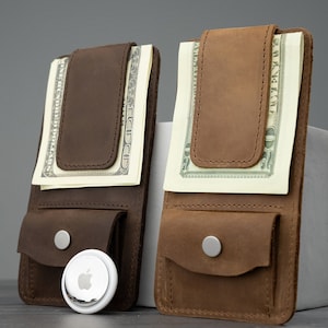Billetera AirTag de cuero para hombres, soporte AirTag con clip de dinero de cuero, billetera con etiqueta de aire inteligente hecha a mano, ranura para tarjeta delgada, billetera personalizada para hombres
