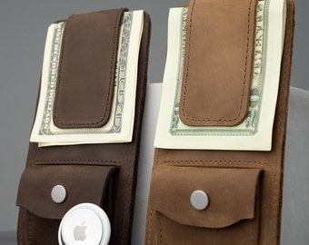 Billetera AirTag de cuero para hombres, soporte AirTag con clip de dinero de cuero, billetera con etiqueta de aire inteligente hecha a mano, ranura para tarjeta delgada, billetera personalizada para hombres