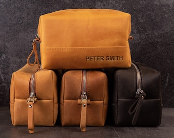 Personalized Mens Leather Toiletry Bag, Travel Dopp Kit, Groomsmen Gift