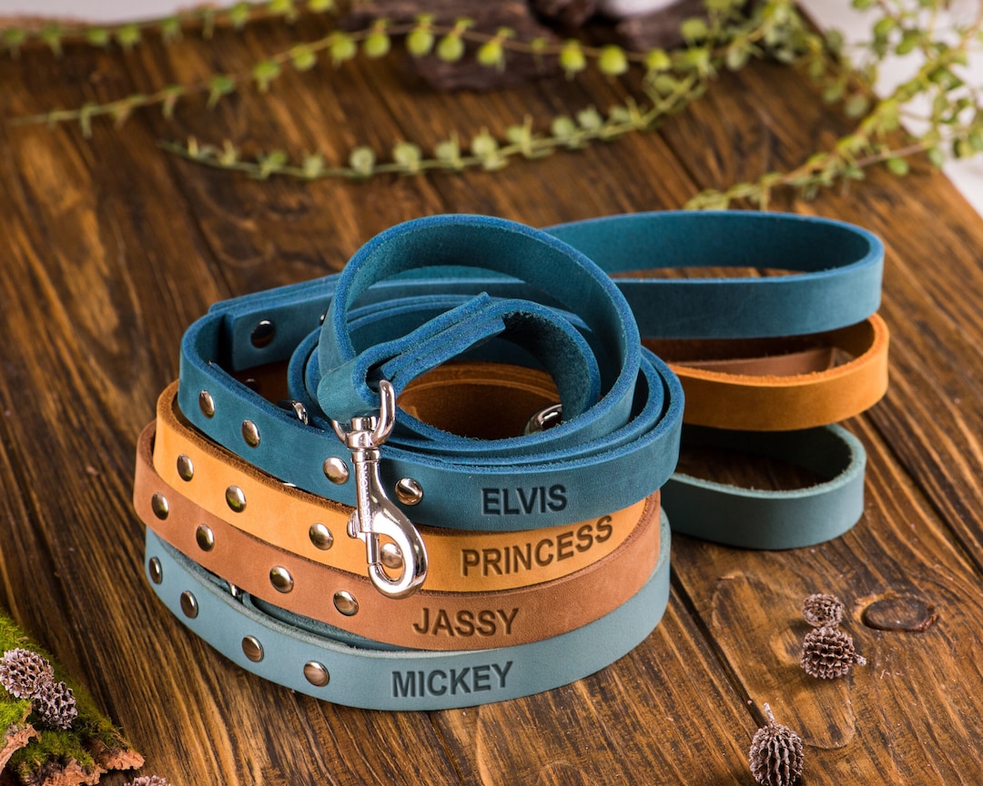Dog Leash, Leather Dog Leash, Personalized Dog Leash With Name Plate Etsy