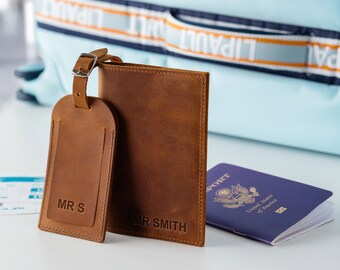 Titular de pasaporte de cuero y etiqueta de equipaje, cubierta de pasaporte personalizada, etiqueta de equipaje personalizada, regalo de viaje para hombres y mujeres