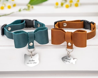 Bow Cat Collar Breakaway Personalized, Leather Cat Collar with Name, Pet Gifts for Cat Lovers, Breakaway Cat Collar, Cute Cat Collar with ID