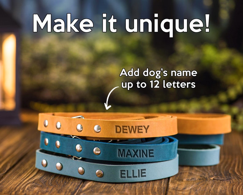 Op de afbeelding: Drie leren hondenhalsbanden in verschillende kleuren, gestapeld op een houten oppervlak. De halsbanden zijn gepersonaliseerd met de namen "DEWEY", "MAXINE" en "ELLIE".