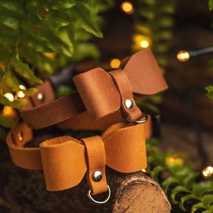 May include: Two leather dog collars with bow accents. The collars are in shades of brown and tan, with metal hardware. The bows are attached to the collar straps. The background features green foliage and soft, out-of-focus lights.