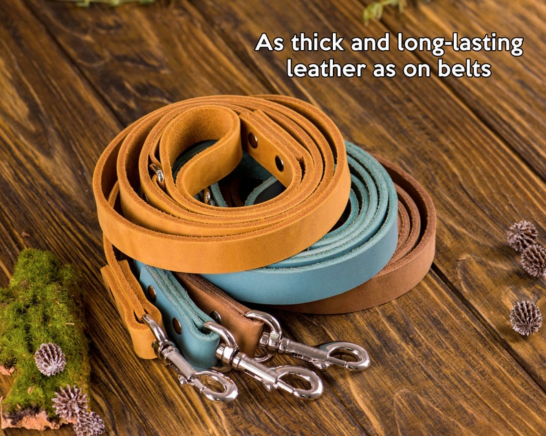 Op de afbeelding: Drie leren hondenriemen in bruin, blauw en beige. De riemen zijn samen opgerold en hebben metalen gespen. De tekst "As thick and long-lasting leather as on belts" is zichtbaar in de afbeelding.