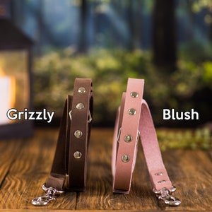 Op de afbeelding: Twee leren hondenriemen, een bruin en een roze, met zilveren metalen gespen en zilveren metalen klinknagels. De riemen zijn gelabeld met "Grizzly" en "Blush".