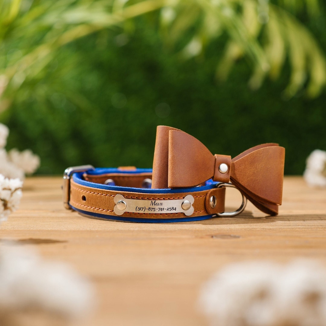 Dog Collar Bow Tie, Personalized Leather Collar for Dogs, Wedding