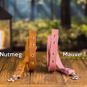 Op de afbeelding: Twee leren hondenriemen, een bruin en een roze, met zilveren beslag en de woorden "Nutmeg" en "Mauve" gedrukt op een houten oppervlak.