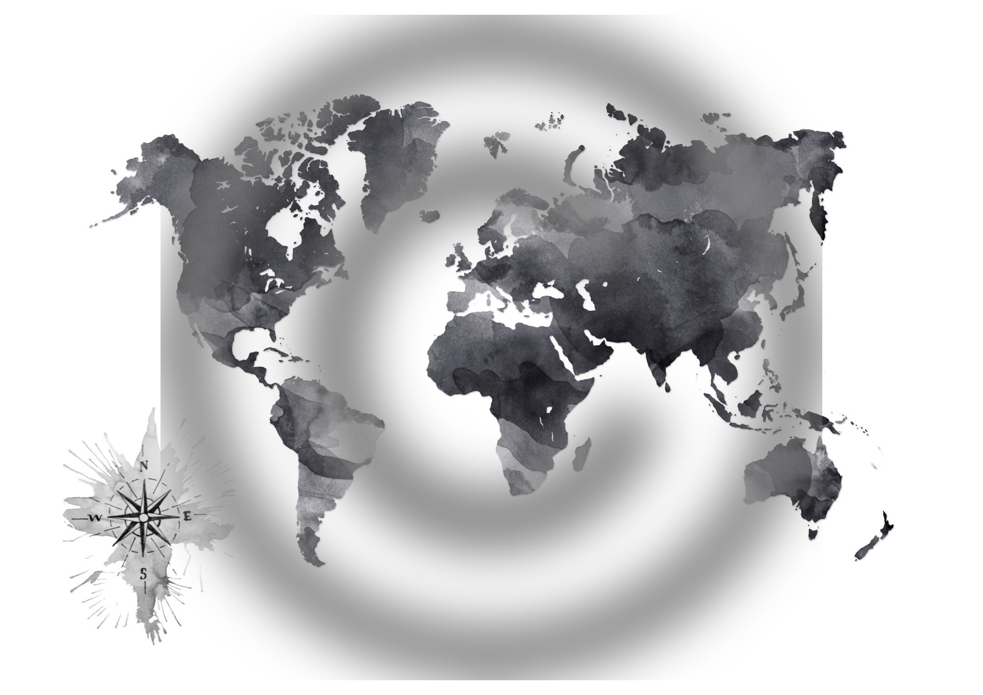 Printable World Map, Digital Black and White Wall Art, Map Poster