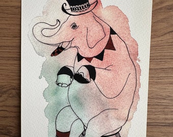 Original | Watercolour Painting | Circus | Elephant with top hat | Gift | Canadian Artist