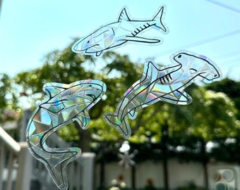 Rainbow Shark Window Clings  | Reusable Removable Stained Glass Suncatcher, Shark Window Decals, Iridescent Shark Window Clings,