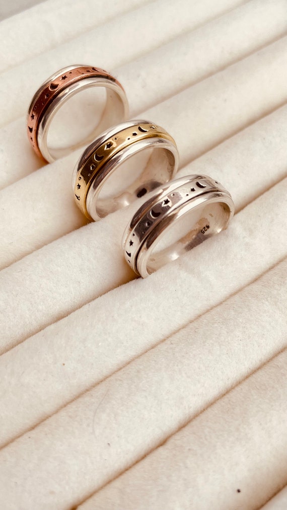 Boho Handmade 925 Sterling Silver Moon Star Spinner Ring Gift for Women 
