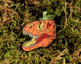 Dinosaur Halloween - Pumpkin Tyrannosaurus Skull - Hard Enamel Pin