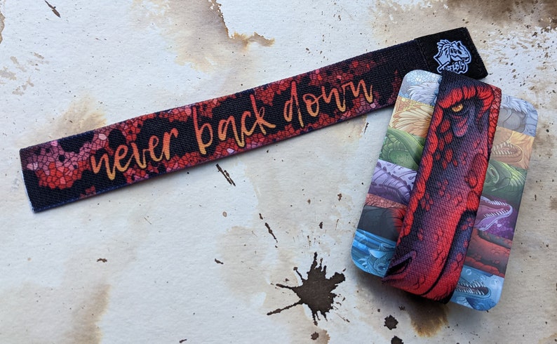 May include: A black and red wristband with the text "never back down" printed in gold. The wristband is paired with a card featuring a colorful dragon illustration.