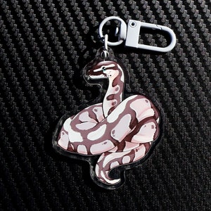 Può includere: Un serpente bianco e marrone con occhi blu è arrotolato su un portachiavi in ​​acrilico trasparente. Il portachiavi ha un anello in metallo argentato.