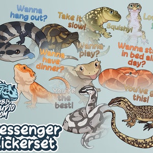 Könnte beinhalten: Ein Set mit 10 bunten Aufklebern mit Comic-Reptilien und lustigen Sprüchen. Die Aufkleber zeigen einen Bartagamen, einen Gecko, eine Schlange, eine Schildkröte und einen Eidechsen. Die Sprüche auf den Aufklebern lauten: "Wanna hang out?", "Take it slow!", "Wanna have dinner?", "Wanna play?", "Squishy!", "Love you!", "Wanna stay in bed all day?", "You're the best!" und "You've got this!"
