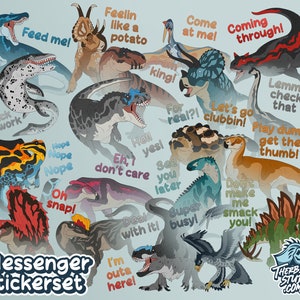 Könnte beinhalten: Ein Set mit 16 bunten Dinosaurier-Stickern mit humorvollen Sprüchen. Die Sticker zeigen verschiedene Dinosaurier, darunter einen T-Rex, einen Triceratops und einen Pterodactyl. Die Sprüche beinhalten "Fütter mich!" "Komme durch!" und "Stell dich dumm, hol dir den Daumen!"