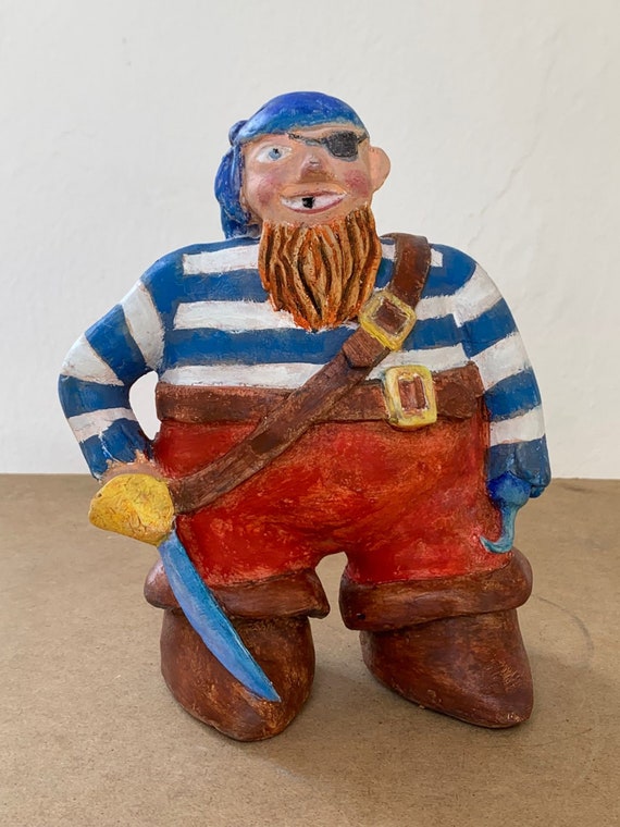 Clay Pirate Sculpture, With Eyepatch, Hook and Sword 