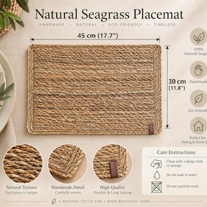 K&ouml;nnte beinhalten: Ein rechteckiges Platzset aus nat&uuml;rlichem Seegras mit den Ma&szlig;en 45 cm mal 30 cm. Die geflochtene braune Matte hat einen dicken geflochtenen Rand und ein kleines braunes Etikett in der Ecke. Der Text enth&auml;lt Natural Seagrass Placemat und Pflegehinweise.