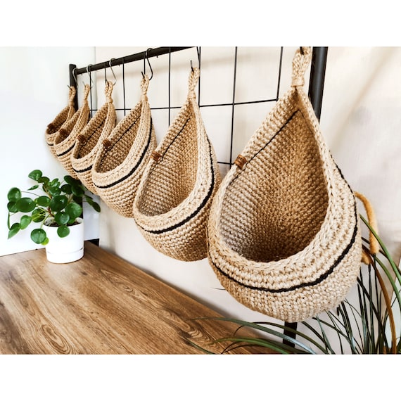 Jute Basket With Black Stripe Jute Hanging Wall Baskets Etsy