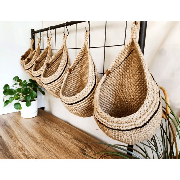 Jute Basket With Black Stripe, Jute Hanging Wall Baskets, Rustic Baskets Set, Storage Basket, Kitchen Organizer, Vegetable baskets