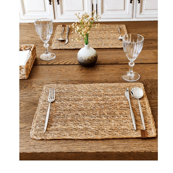 Rectangle Seagrass Placemat, Set Of 2 Jute Table Mats, Dining Table Decor, Wicker Placemat