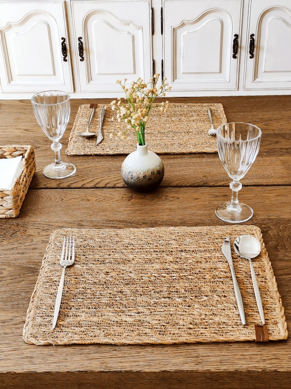 Rectangular Seagrass Placemats, Set of 2 – Natural Woven Table Mats, Rustic Dining Table Decor