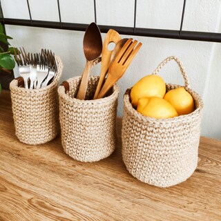 Set Di 3 Cesti Appendibili A Muro Bohémien In Cotone Naturale - Giallo, Per Frutta, Piante O Oggetti Vari