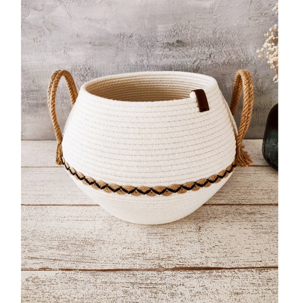 Decorative Rope Basket, Natural Cotton Basket, Decorative Organizer Basket, Round Storage Basket, Uniq Basket