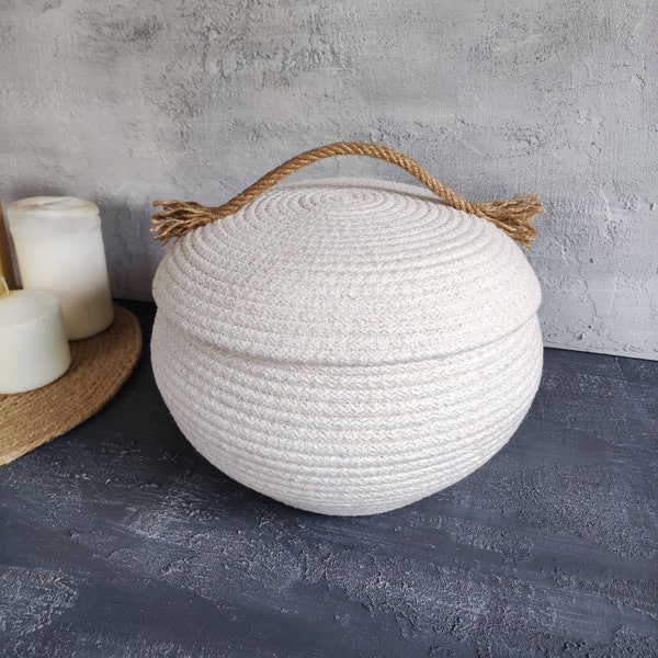 Decorative Basket With Lid, Rope Basket, Natural Cotton Basket, Decorative Organizer Basket, Round Storage Basket