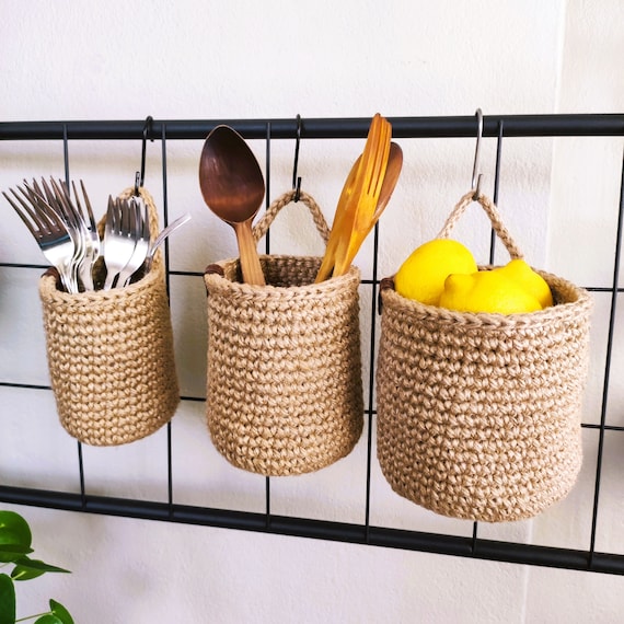 Hanging Wall Baskets, Vegetable Baskets, Jute Hanging Fruit Baskets, Rustic  Baskets Set, Storage Baskets, Jute Kitchen Baskets 