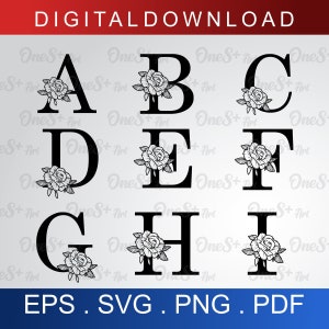 モノグラム フラワー アルファベット ローズ フローラル アルファベット SVG フローラル レター SVG カット ファイル Cricut 用、26 個の個別カット ファイル