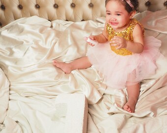 Baby meisje eerste verjaardag jurk-roze & gouden Tutu jurk-eerste verjaardag outfit-bloemenmeisje jurk-goud pailletten jurk-meisje partij jurk-optocht
