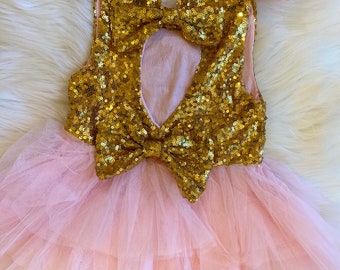 Baby meisje eerste verjaardag jurk-roze & gouden Tutu jurk-eerste verjaardag outfit-bloemenmeisje jurk-goud pailletten jurk-meisje partij jurk-optocht