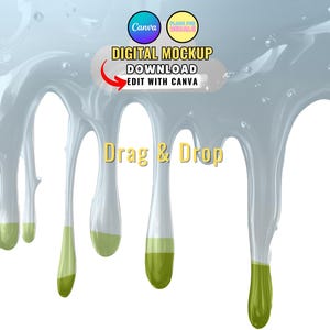 Op de afbeelding: Digitale mockup met een blauwe vloeistof die naar beneden druppelt, met de tekst "Drag & Drop" in het midden. De tekst "DIGITAL MOCKUP DOWNLOAD EDIT WITH CANVA" staat in een vakje bovenaan de afbeelding.
