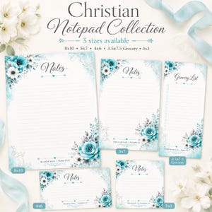 May include: A collection of Christian notepads in various sizes, featuring floral designs with teal and white roses. The notepads include lined pages for notes and a grocery list format. Sizes include 8x10, 5x7, 4x6, 3.5x7.5, and 3x3 inches.