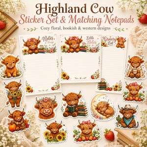 May include: A set of Highland Cow stickers and notepads. The stickers feature adorable cartoon Highland cows with floral, bookish, and western designs. The notepads have lined pages with cow illustrations and text that reads "Notes & Things", "Little Notes", and "Grocery List".