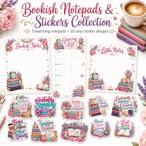 May include: A collection of book-themed stationery, including three notepads and ten stickers. The notepads feature lined pages with floral and book illustrations. The stickers have quotes like "Probably Reading" and "Books are my Love Language".