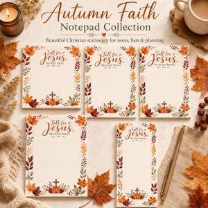 May include: A collection of five rectangular paper notepads featuring a border of autumn leaves and a cross at the bottom. Each notepad displays the text Fall for Jesus, He never leaves. The set includes various sizes with lined and checklist formats.