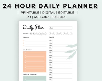 24 Stunden Tagesplaner | Druckbarer Tagesplaner, To Do Liste, Editierbarer Tagesplaner, Tägliche Checkliste, Aufgabenliste, Arbeitstagplan